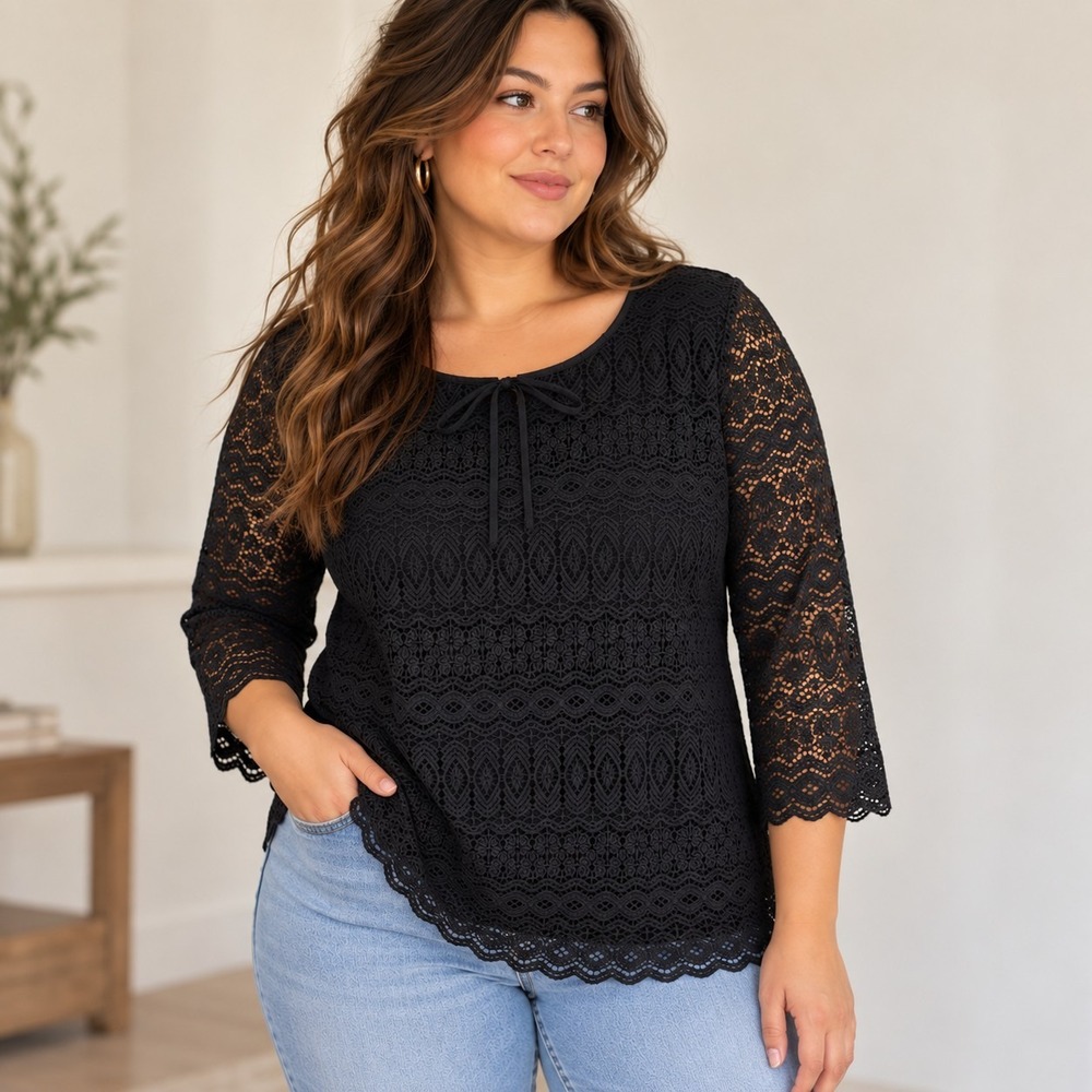 Talbots 1X Black Lace Floral Top Boho Whimsigoth Witchy Office Romantic 3/4